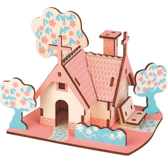 3 D дървен пъзел Къща розова