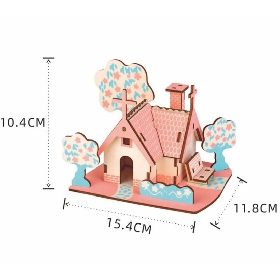 3 D дървен пъзел Къща розова